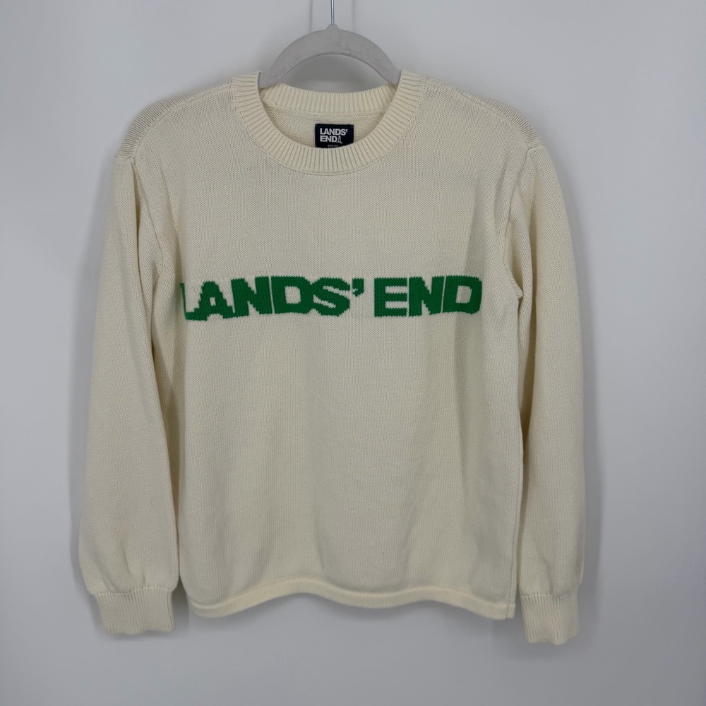 Lands end cream green logo sweater sz‎ S